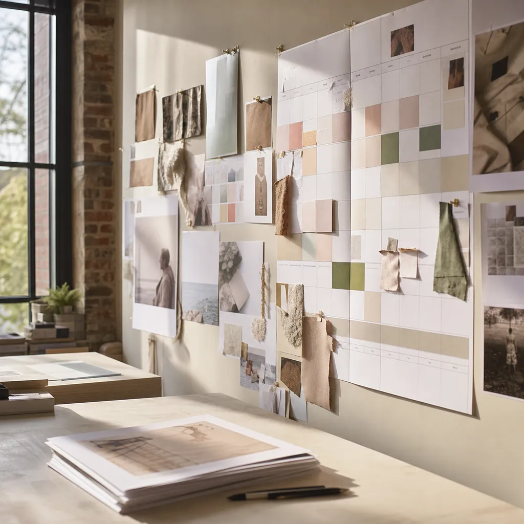 A brand studio wall in warm daylight, pinned with printed campaign boards, colour swatches and a media plan.
