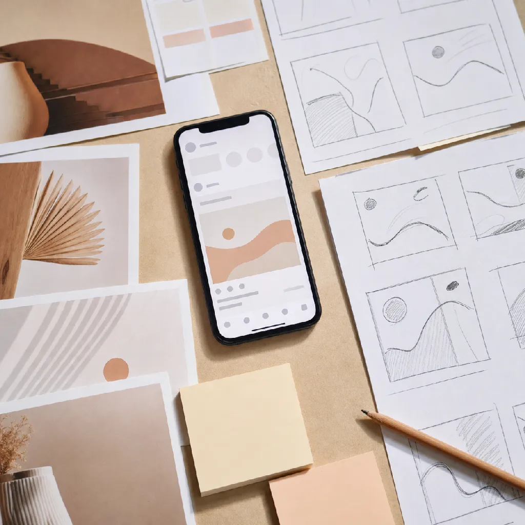 An overhead flat-lay of printed social content frames, storyboards and a phone on a warm paper surface.